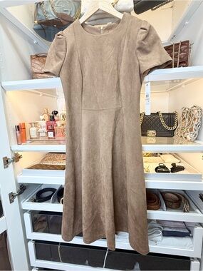 Calvin Klein Faux Suede Classic Taupe Short-Sleeve A-Line Swing Dress